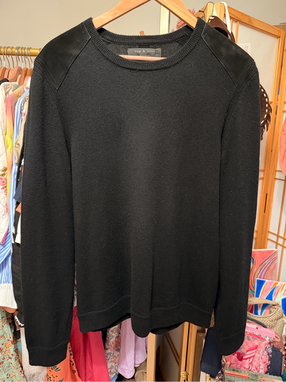 Rag & Bone Black Wool Sweater Leather Shoulder Panels Size L